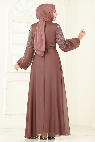 moda selvim Evening Dress 5693EDF311 Brown - Thumbnail