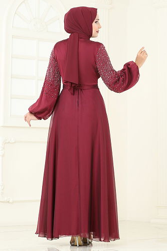 moda selvim Evening Dress 5693EDF311 Burgundy - Thumbnail