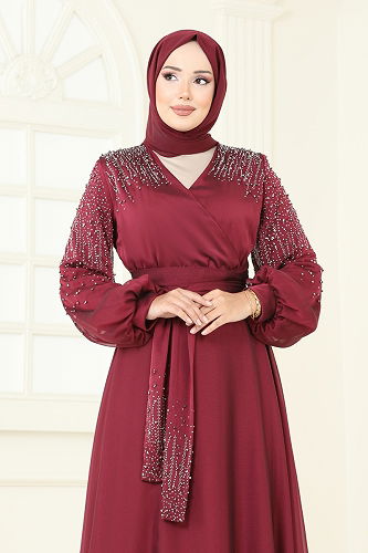 moda selvim Evening Dress 5693EDF311 Burgundy - Thumbnail