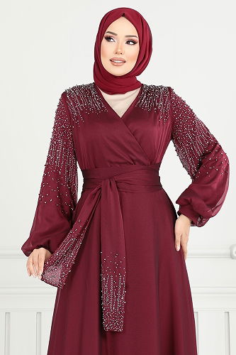 moda selvim Evening Dress 5693END900-M Burgundy - Thumbnail