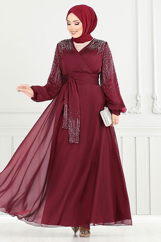 moda selvim Evening Dress 5693END900-M Burgundy - Thumbnail
