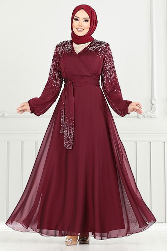 moda selvim فستان سهرة خمري 5693END900-M - Thumbnail