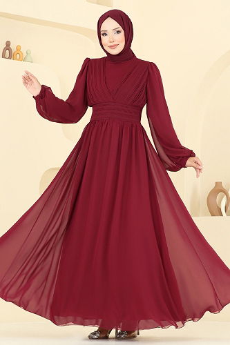moda selvim Evening Dress 5694EDF311 Burgundy - Thumbnail