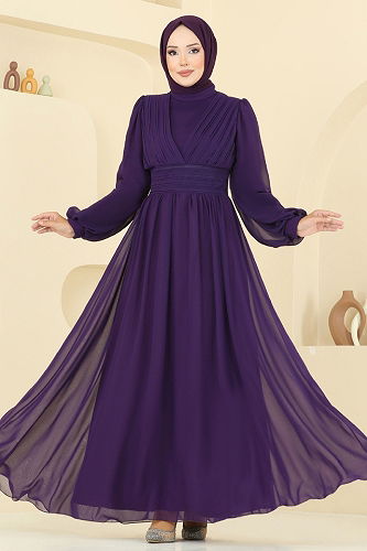 moda selvim Evening Dress 5694EDF311 Dark Purple - Thumbnail