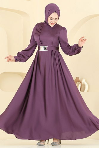 moda selvim Evening Dress 5695EDF311 Dark Lilac - Thumbnail