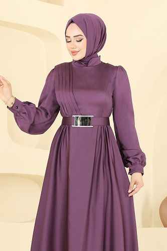 moda selvim Evening Dress 5695EDF311 Dark Lilac - Thumbnail