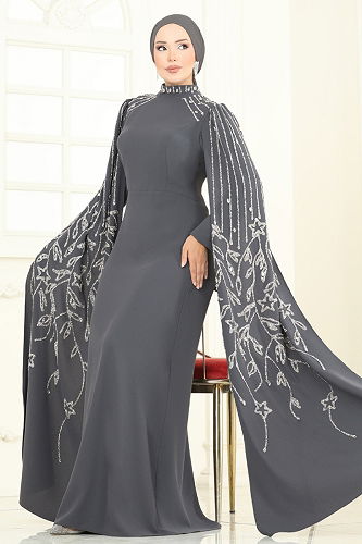 moda selvim Evening Dress 5696EDF311 Anthracite - Thumbnail