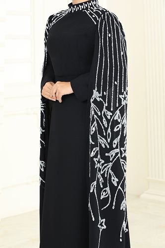 moda selvim Evening Dress 5696EDF311 Black - Thumbnail