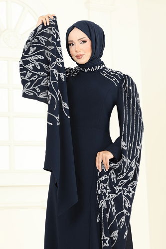 moda selvim Evening Dress 5696EDF311 Navy Blue - Thumbnail