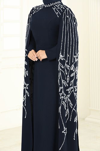 moda selvim Evening Dress 5696EDF311 Navy Blue - Thumbnail