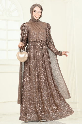 moda selvim Evening Dress 5698EDF311 Light Brown - Thumbnail