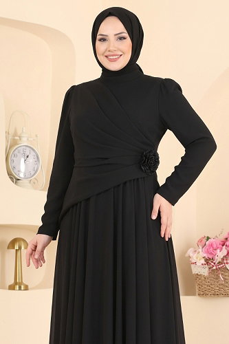 moda selvim فستان سهرة أسود 5699DMNK1166 - Thumbnail