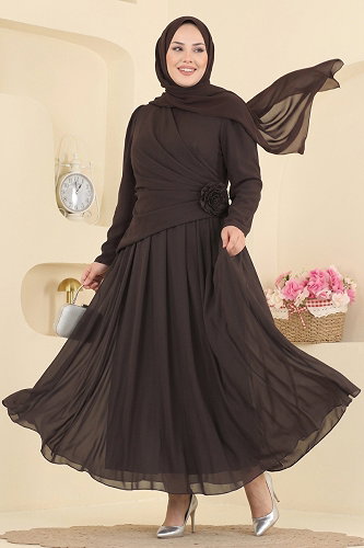 moda selvim فستان سهرة بني 5699DMNK1166 - Thumbnail
