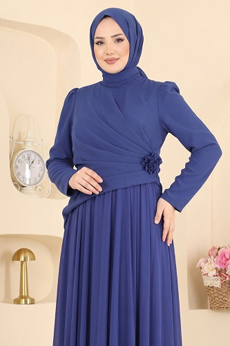 moda selvim فستان سهرة نيلي 5699DMNK1166 - Thumbnail