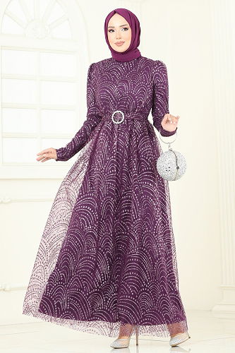 moda selvim Evening Dress 5699EDF311 Damson - Thumbnail