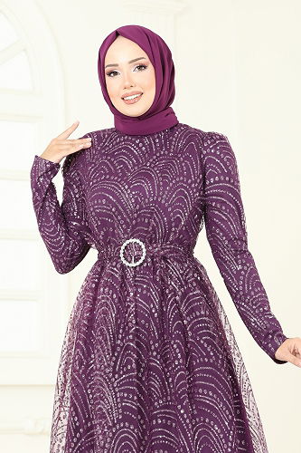 moda selvim Evening Dress 5699EDF311 Damson - Thumbnail