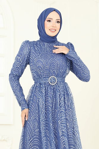 moda selvim Evening Dress 5699EDF311 Indigo - Thumbnail