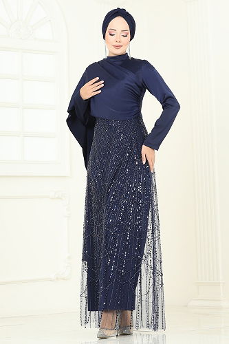 moda selvim فستان سهرة كحلي 5700EDF311 - Thumbnail