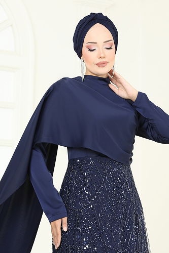 moda selvim فستان سهرة كحلي 5700EDF311 - Thumbnail