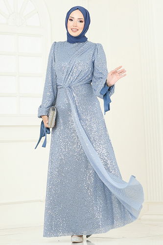 moda selvim Evening Dress 5701EDF311 Baby Blue - Thumbnail