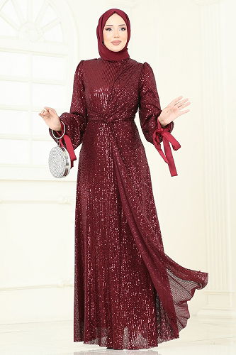 moda selvim Evening Dress 5701EDF311 Burgundy - Thumbnail