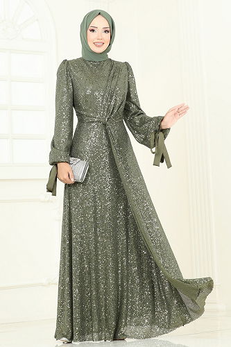 moda selvim Evening Dress 5701EDF311 Khaki - Thumbnail