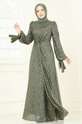 moda selvim Evening Dress 5701EDF311 Khaki - Thumbnail