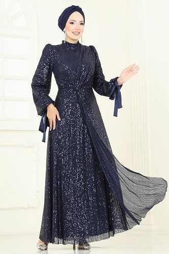 moda selvim Evening Dress 5701EDF311 Navy Blue - Thumbnail