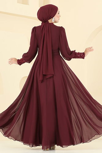 moda selvim Evening Dress 5703EDF311 Burgundy - Thumbnail