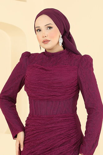 moda selvim فستان سهرة كرزي 5704DMNK1166 - Thumbnail