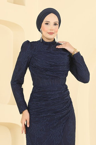 moda selvim فستان سهرة كحلي 5704DMNK1166 - Thumbnail