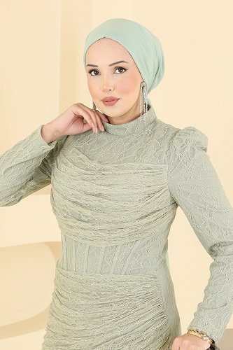 moda selvim فستان سهرة اخضر فاتح 5704DMNK1166 - Thumbnail