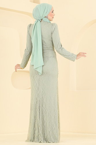 moda selvim فستان سهرة اخضر فاتح 5704DMNK1166 - Thumbnail