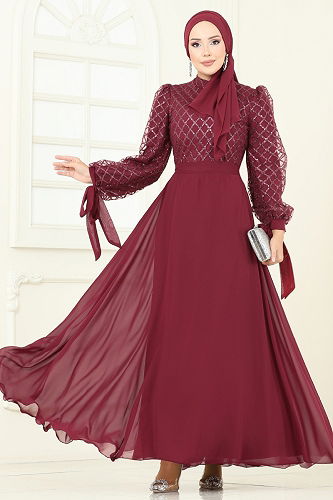 moda selvim Evening Dress 5704EDF311 Burgundy - Thumbnail