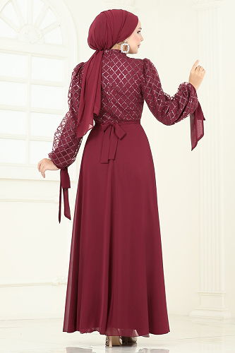 moda selvim Evening Dress 5704EDF311 Burgundy - Thumbnail