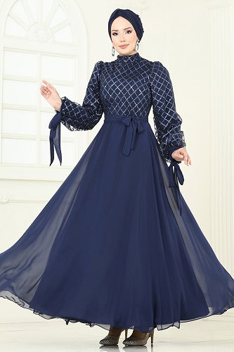 moda selvim Evening Dress 5704EDF311 Navy Blue - Thumbnail