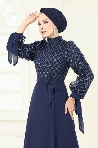 moda selvim Evening Dress 5704EDF311 Navy Blue - Thumbnail