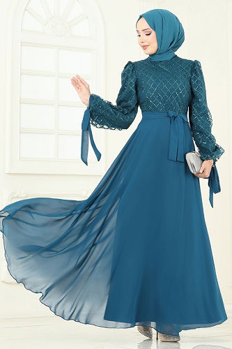 moda selvim Evening Dress 5704EDF311 Petroleum - Thumbnail