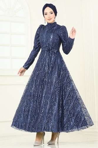 moda selvim Evening Dress 5705EDF311 Navy Blue - Thumbnail