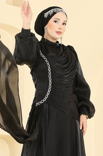 moda selvim فستان سهرة أسود 5709DMNK1166 - Thumbnail