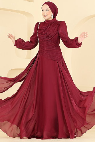 moda selvim Evening Dress 5709DMNK1166 Burgundy - Thumbnail
