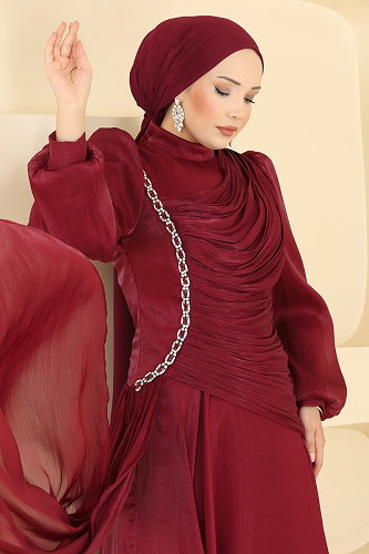 moda selvim فستان سهرة خمري 5709DMNK1166 - Thumbnail