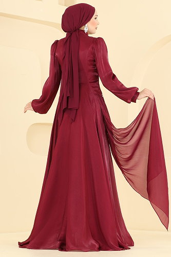 moda selvim فستان سهرة خمري 5709DMNK1166 - Thumbnail