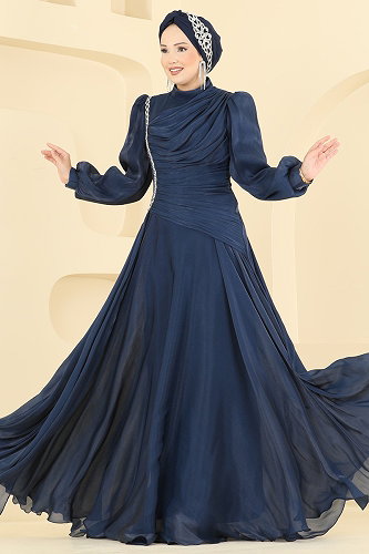 moda selvim Evening Dress 5709DMNK1166 Navy Blue - Thumbnail