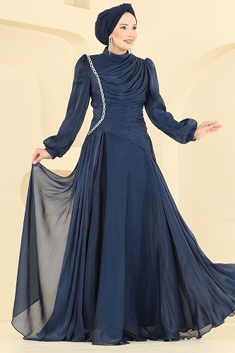 moda selvim Evening Dress 5709DMNK1166 Navy Blue - Thumbnail