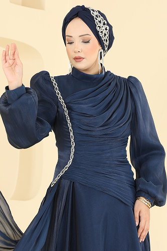 moda selvim Evening Dress 5709DMNK1166 Navy Blue - Thumbnail