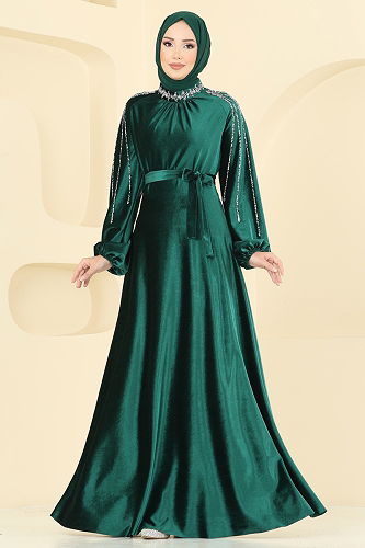 moda selvim Evening Dress 5709EDF311 Emerald - Thumbnail