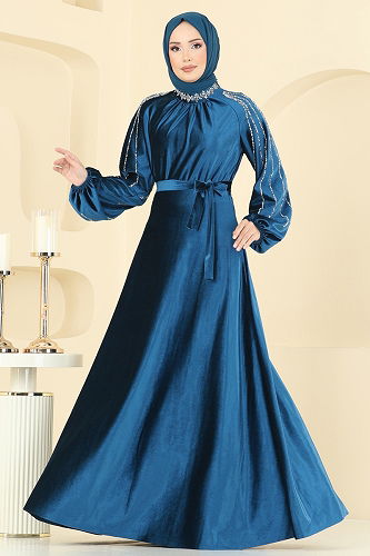 moda selvim Evening Dress 5709EDF311 Petroleum - Thumbnail