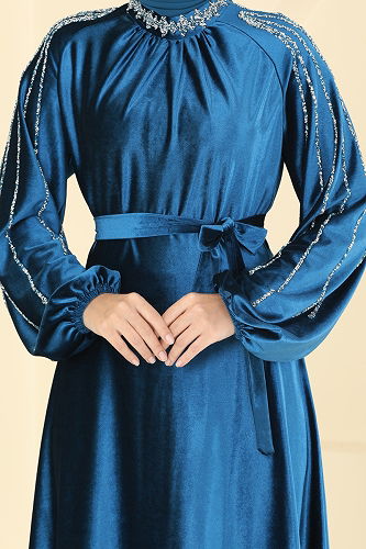 moda selvim Evening Dress 5709EDF311 Petroleum - Thumbnail