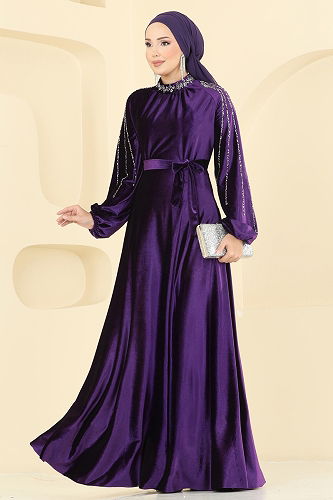 moda selvim Evening Dress 5709EDF311 Purple - Thumbnail